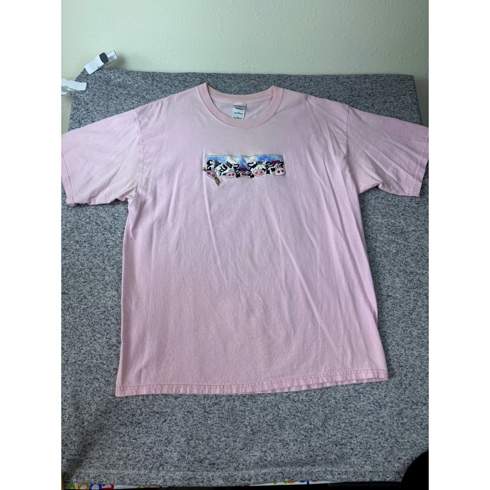 Gildan Ultra Cotton Pink Cow Embroidery Graphic T-Shirt Womens XL Short Sleeve